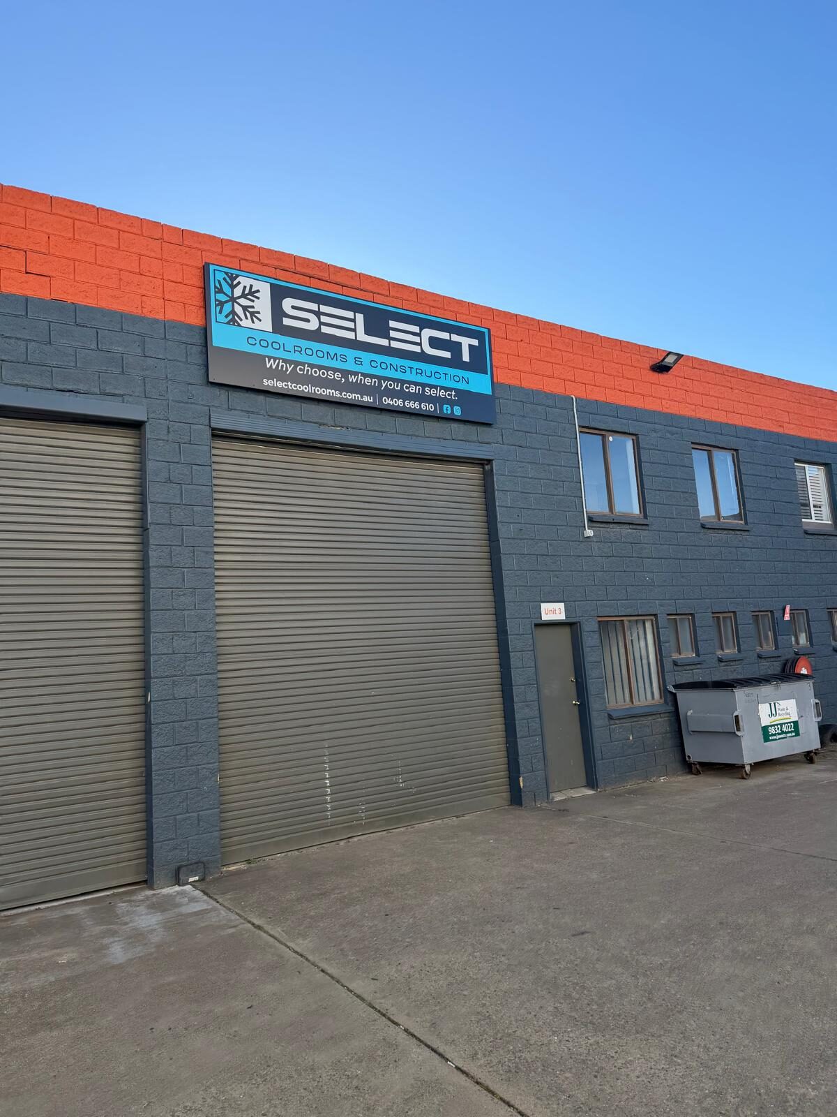 The Select Coolrooms & Construction premises on Abel Street, Jamisontown, with the company signage above the roller door
